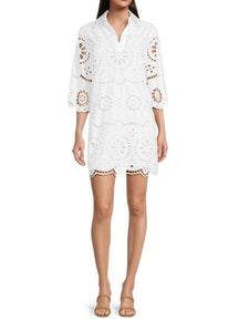 Eyelet Point Collar Split V-Neck Dress