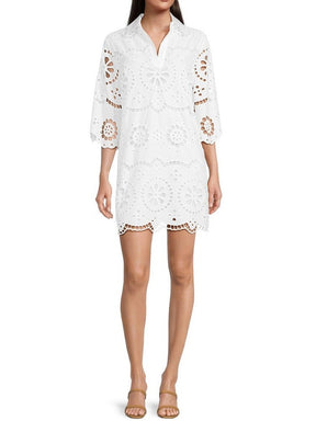 Eyelet Point Collar Split V-Neck Dress
