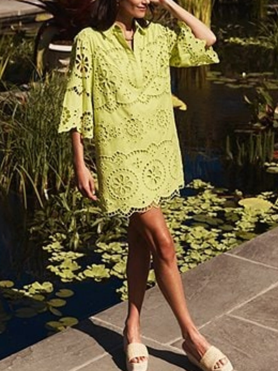 Eyelet Point Collar Split V-Neck Dress