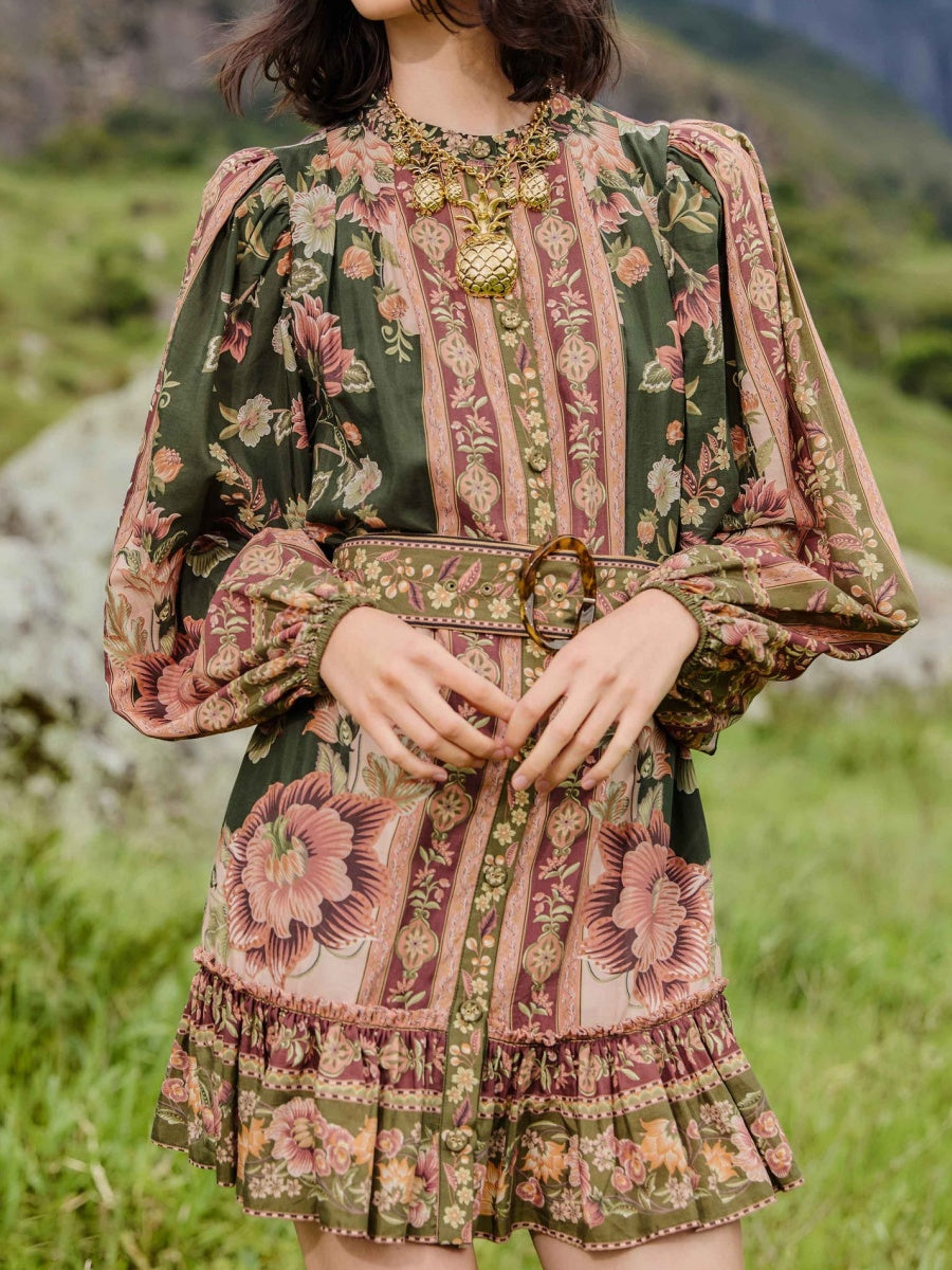 Green Flowering Garden Tree Mini Dress