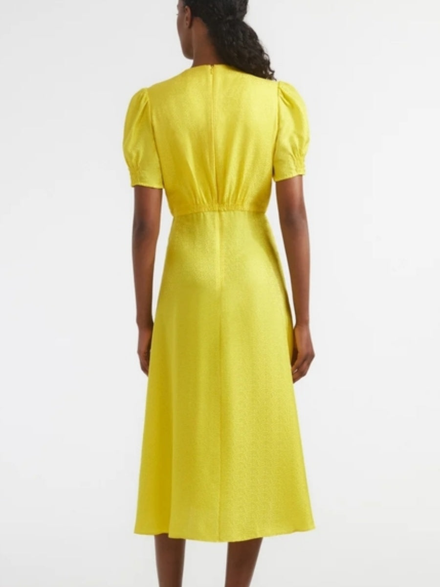 Yellow Puff Sleeve Midi Dress