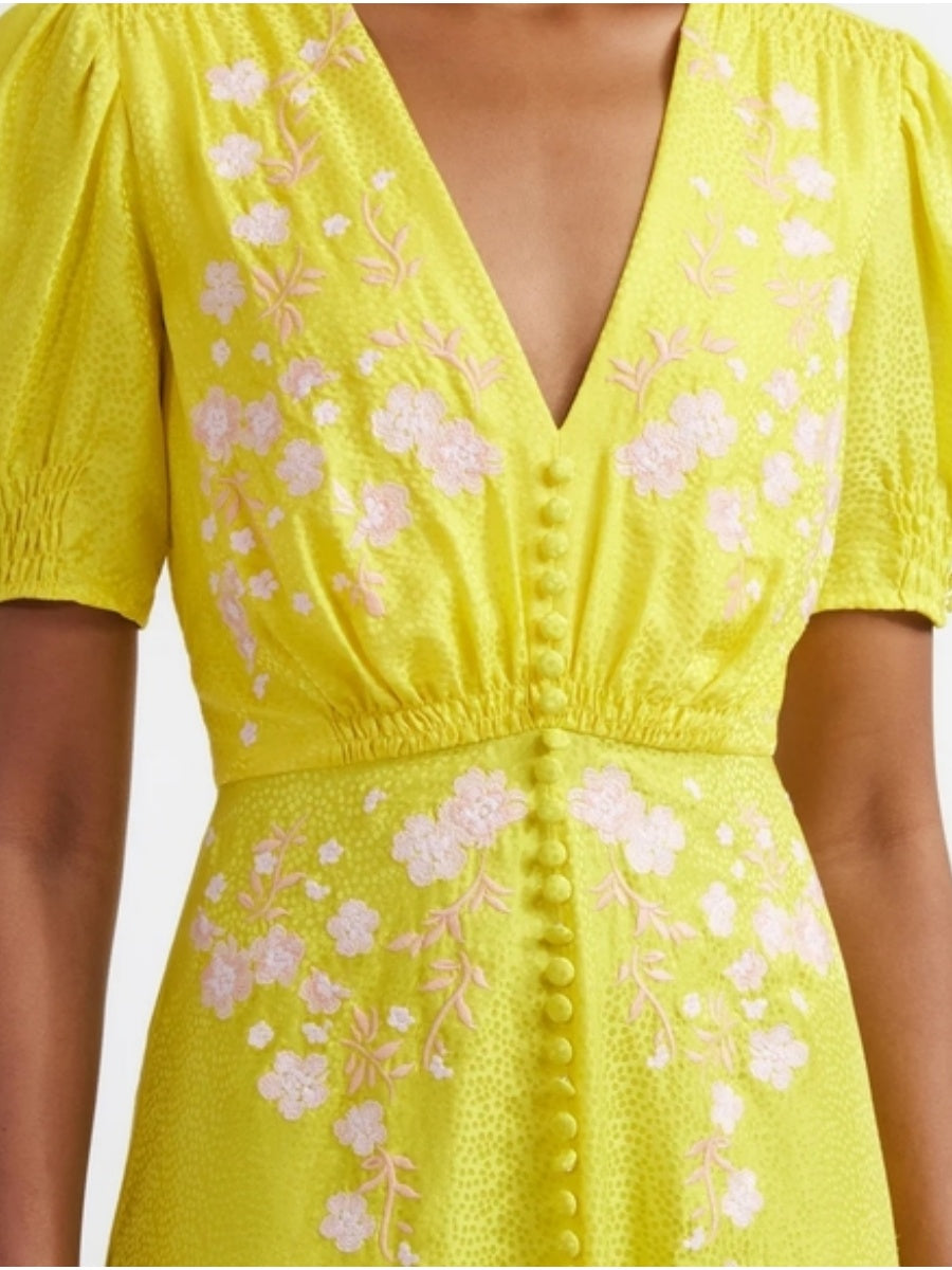 Yellow Puff Sleeve Midi Dress