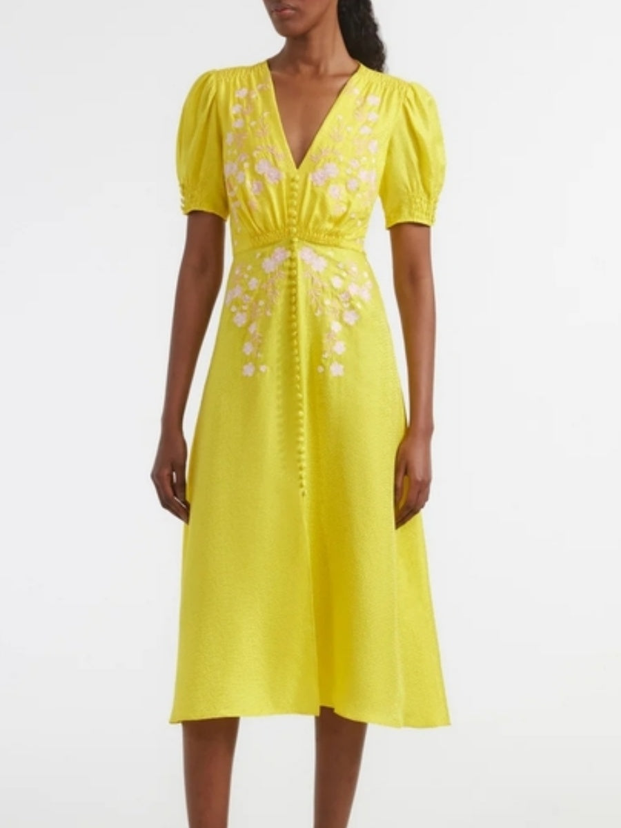 Yellow Puff Sleeve Midi Dress