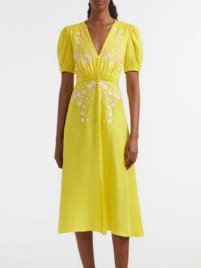 Yellow Puff Sleeve Midi Dress