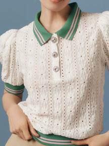 Puff-Sleeve Lace Polo Top