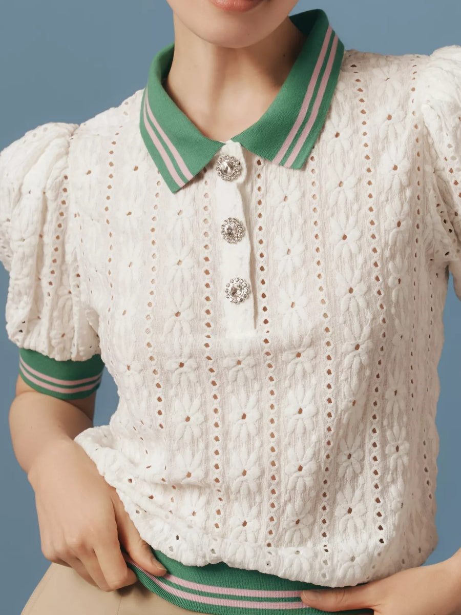 Puff-Sleeve Lace Polo Top