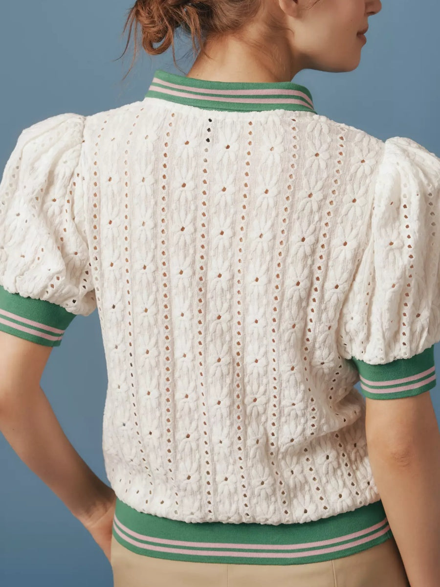 Puff-Sleeve Lace Polo Top