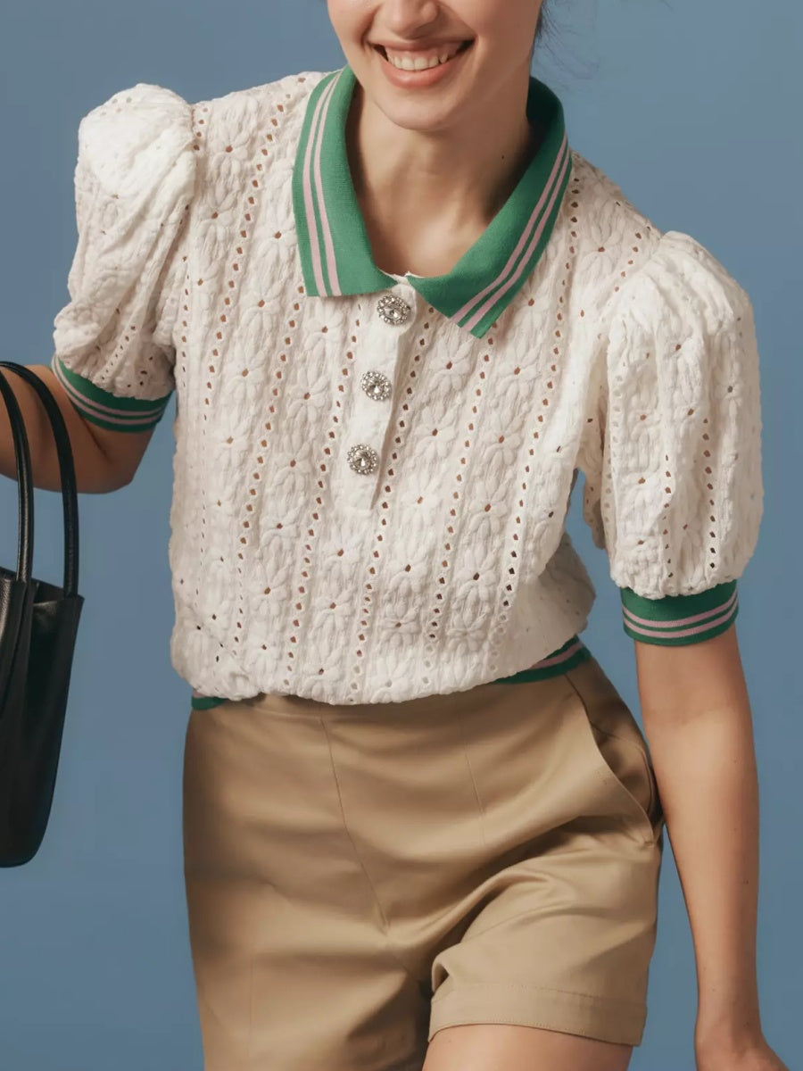 Puff-Sleeve Lace Polo Top