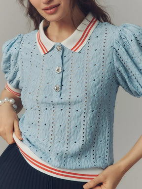 Puff-Sleeve Lace Polo Top