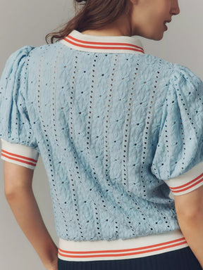 Puff-Sleeve Lace Polo Top