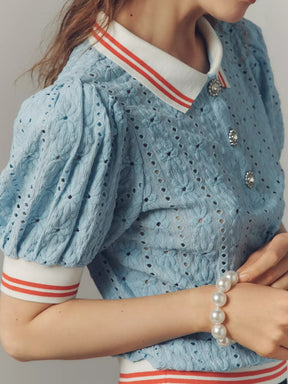 Puff-Sleeve Lace Polo Top