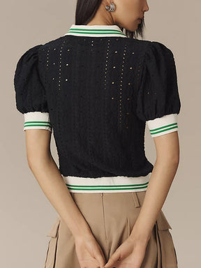 Puff-Sleeve Lace Polo Top
