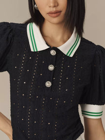 Puff-Sleeve Lace Polo Top