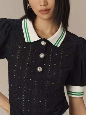 Puff-Sleeve Lace Polo Top