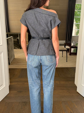 Asymmetrical Belted Short Sleeve Blazer Top