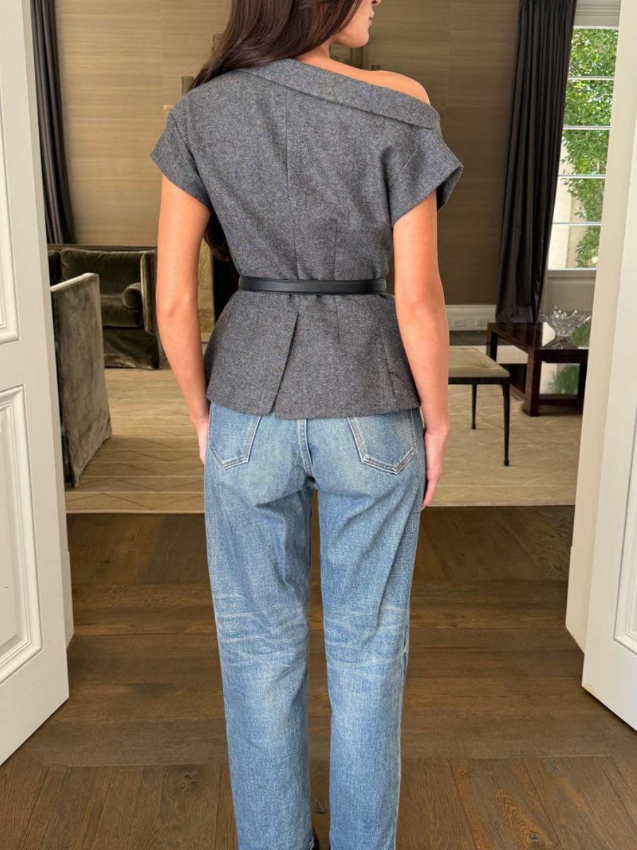 Asymmetrical Belted Short Sleeve Blazer Top