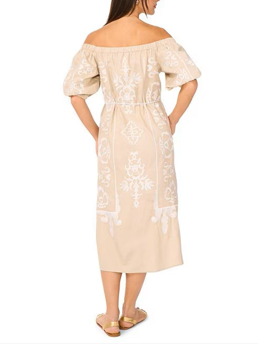 Off-the-Shoulder 3/4 Sleeve Embroidered Midi Shift Dress