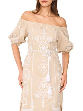 Off-the-Shoulder 3/4 Sleeve Embroidered Midi Shift Dress