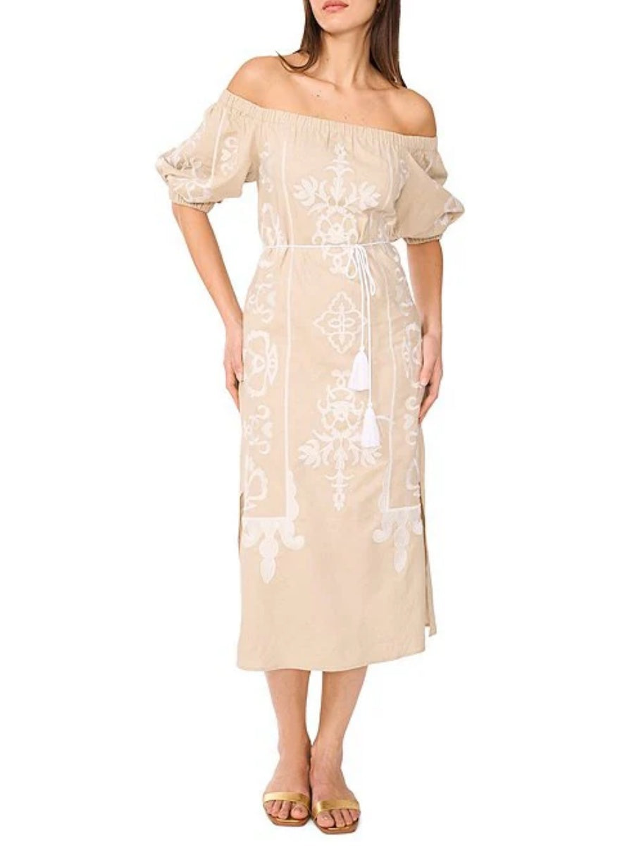 Off-the-Shoulder 3/4 Sleeve Embroidered Midi Shift Dress
