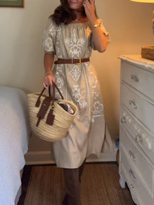Off-the-Shoulder 3/4 Sleeve Embroidered Midi Shift Dress