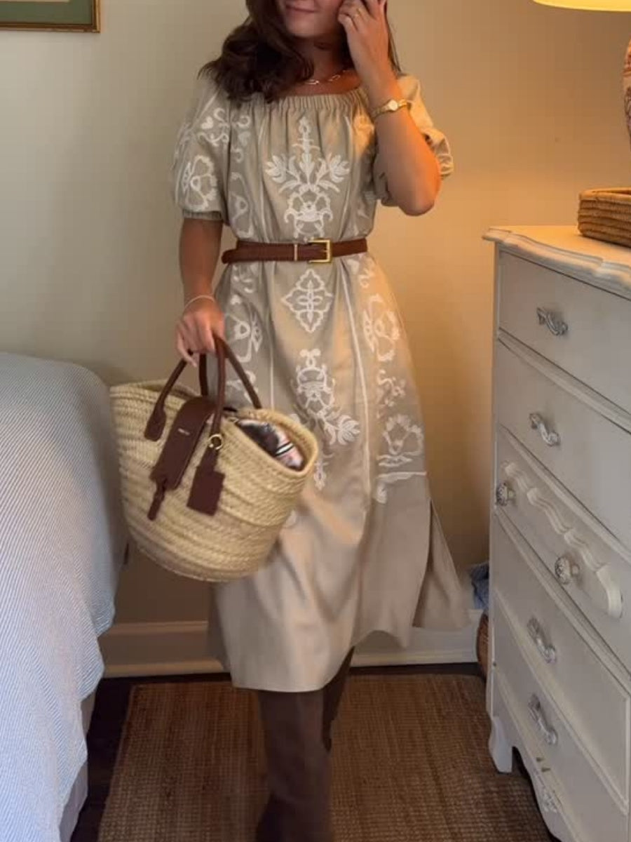 Off-the-Shoulder 3/4 Sleeve Embroidered Midi Shift Dress