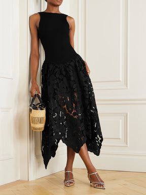 Asymmetric Ribbed-Knit And Guipure Lace Midi Dress