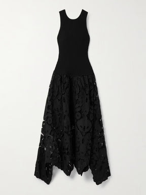 Asymmetric Ribbed-Knit And Guipure Lace Midi Dress