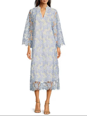 Lace Split V-Neck 3/4 Sleeve Midi Shift Dress