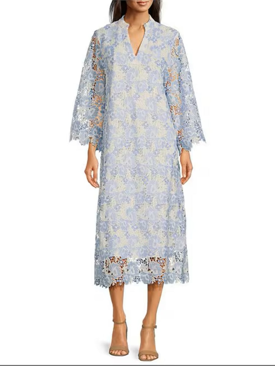 Lace Split V-Neck 3/4 Sleeve Midi Shift Dress