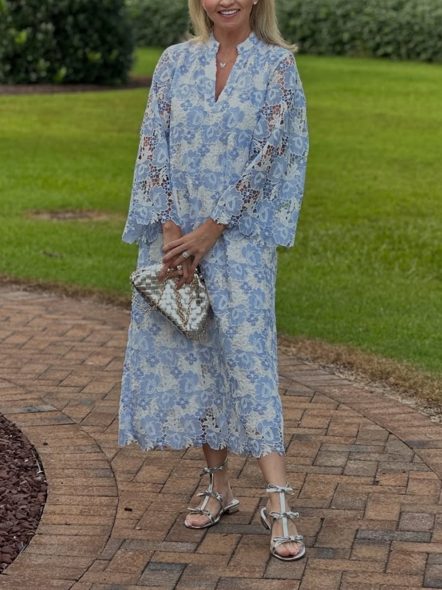 Lace Split V-Neck 3/4 Sleeve Midi Shift Dress