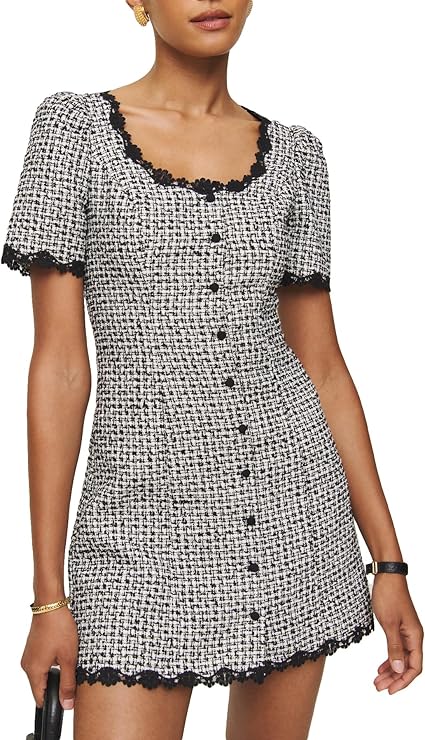 Square Neck Tweed Mini Dress