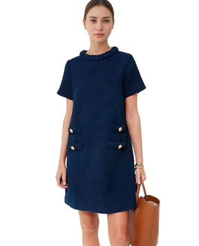 Lined Elegant Crew Neckline Tweed Dress