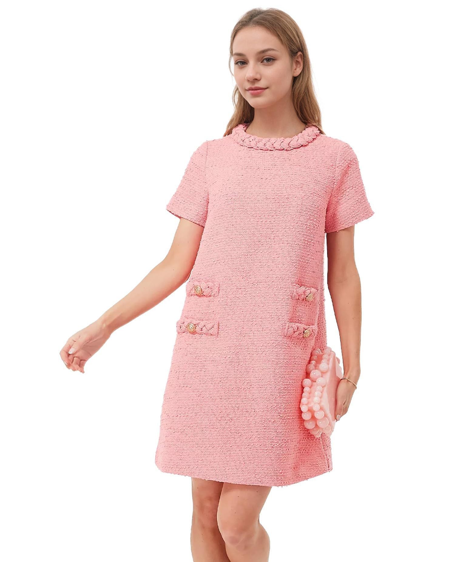 Lined Elegant Crew Neckline Tweed Dress
