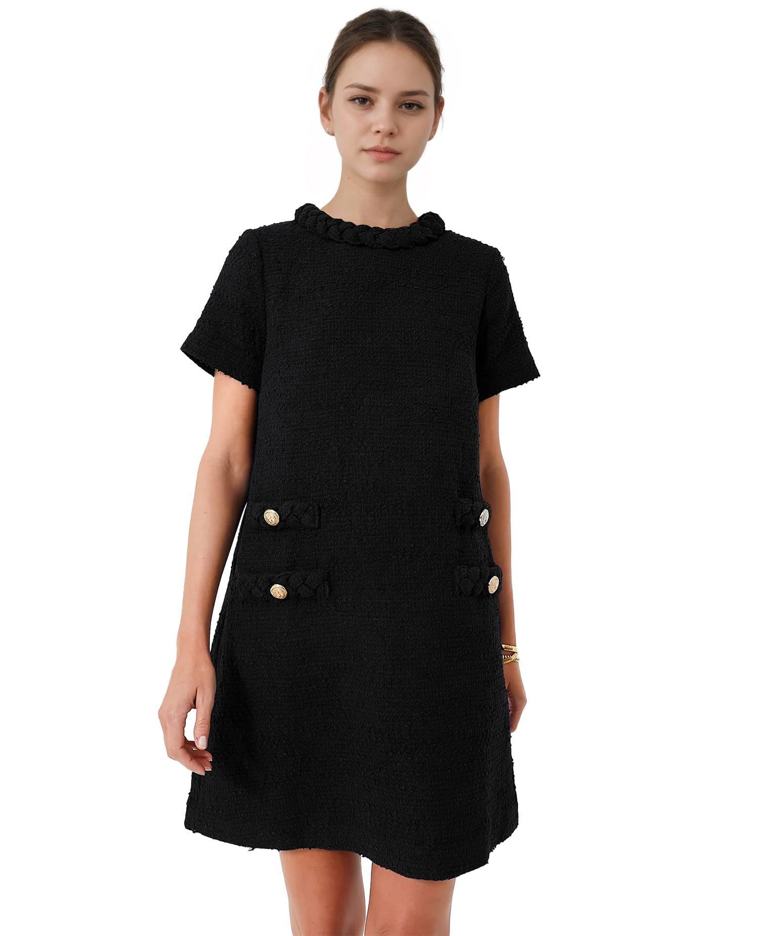 Lined Elegant Crew Neckline Tweed Dress