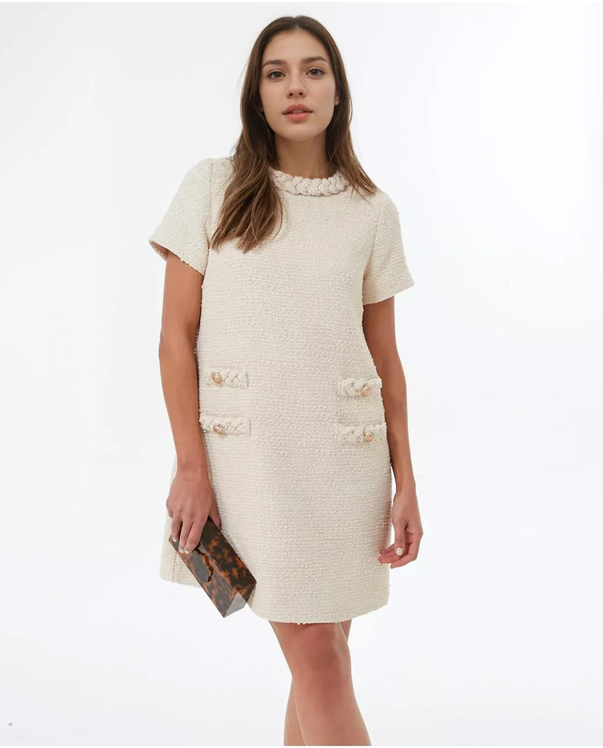 Lined Elegant Crew Neckline Tweed Dress