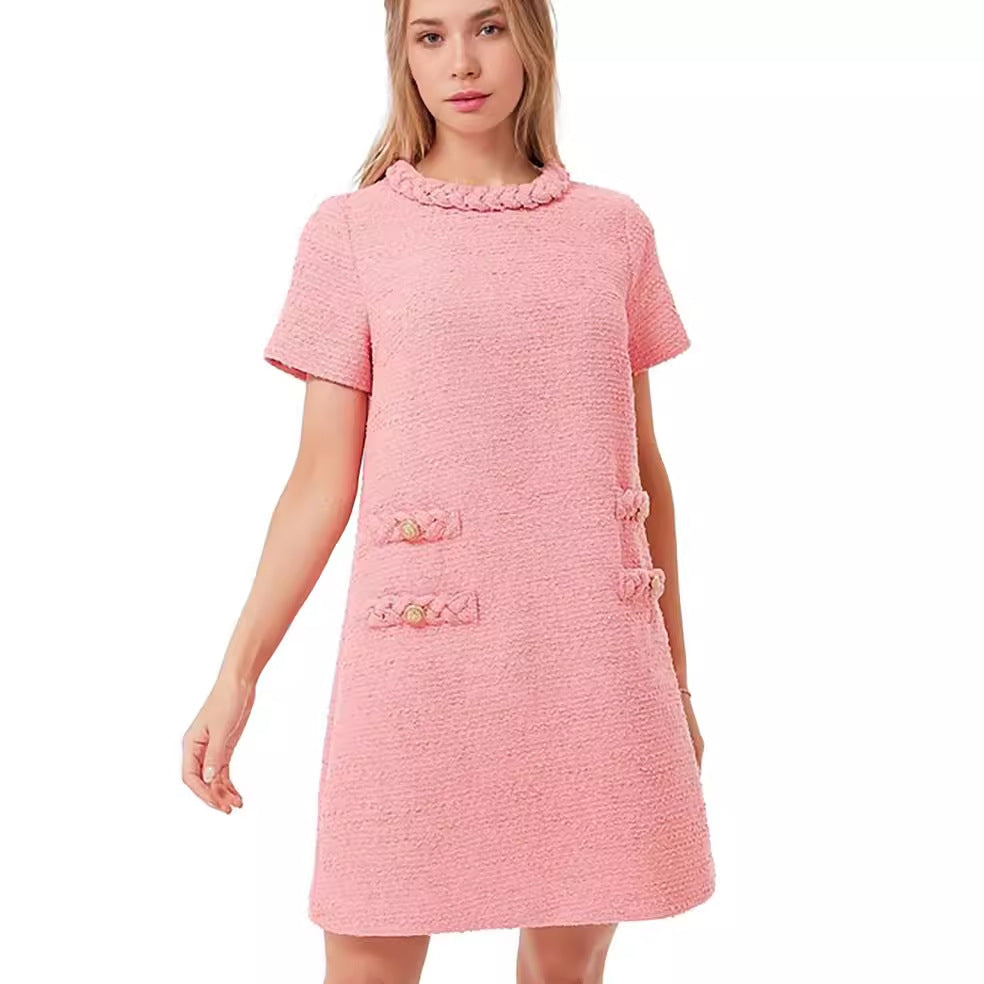 Lined Elegant Crew Neckline Tweed Dress