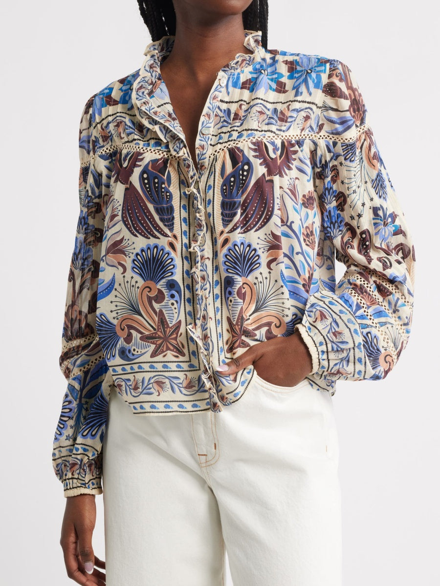 Mixed Print Cotton Button-Up Shirt