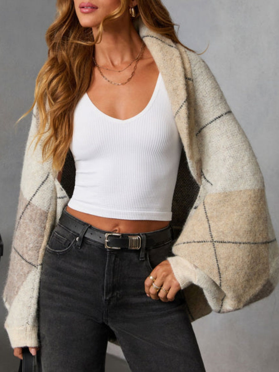 Cropped Argyle Print Cardigan