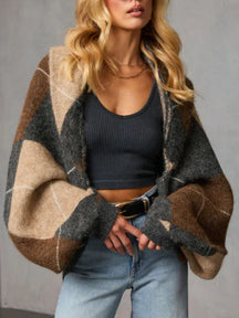 Cropped Argyle Print Cardigan