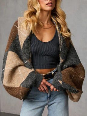 Cropped Argyle Print Cardigan