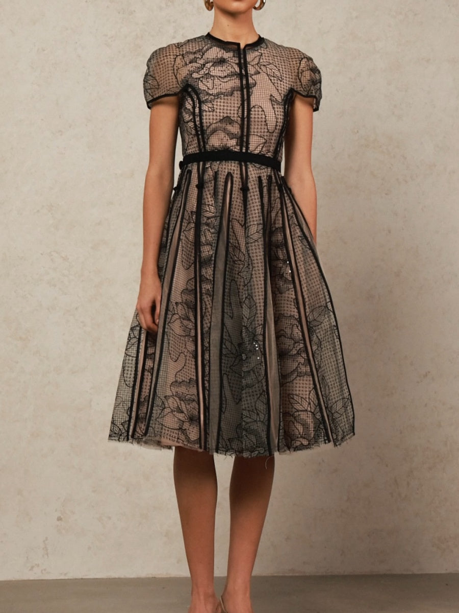 Short Sleeves Jacquard Midi Dress