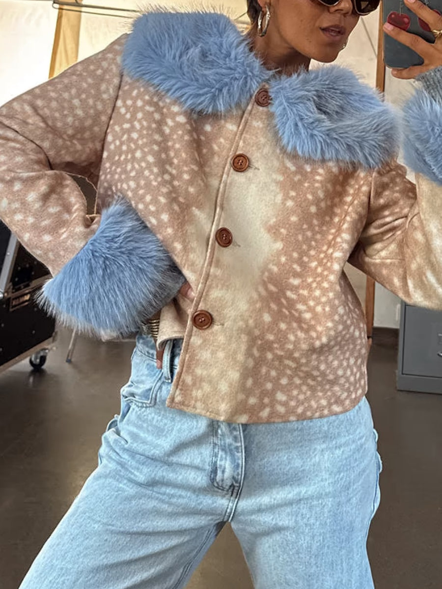Deer Print Jacket with Blue Faux Fur Trims