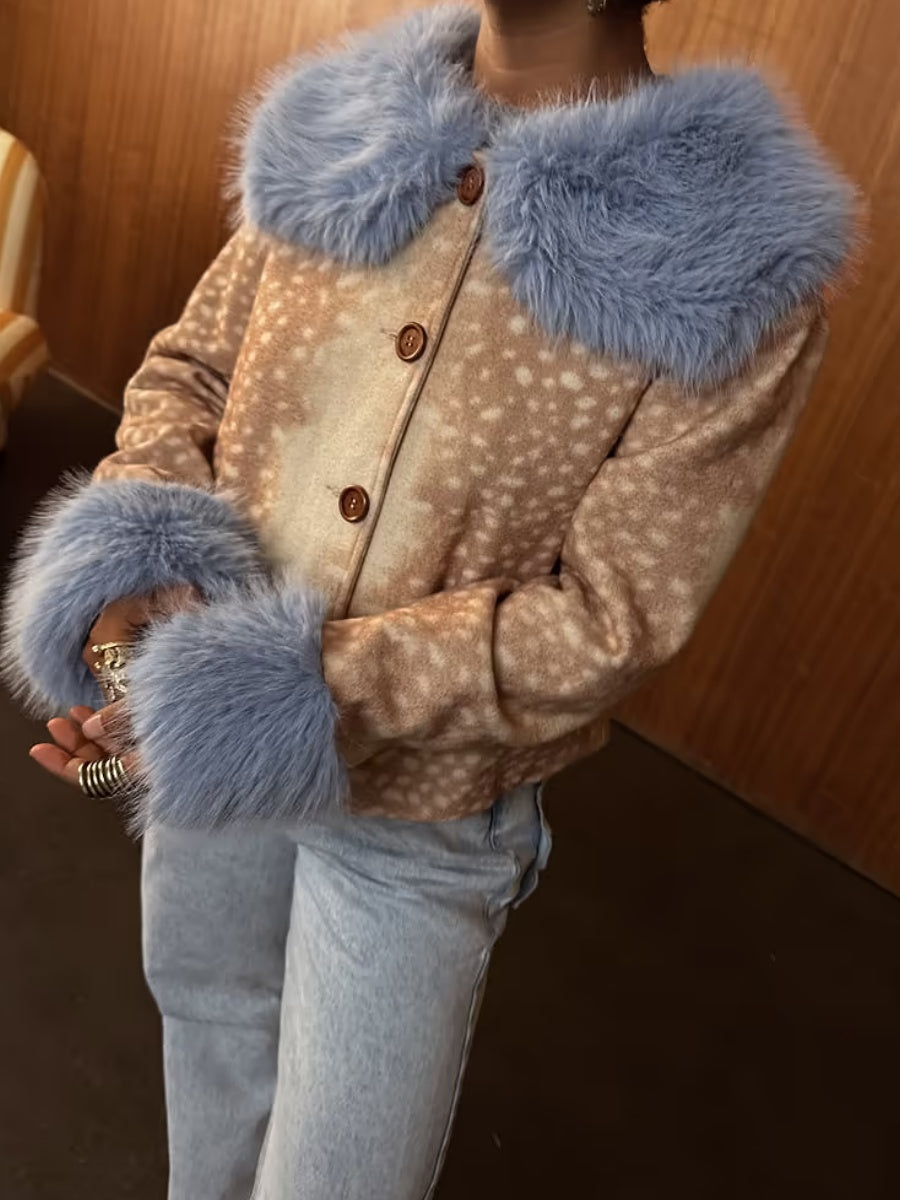 Deer Print Jacket with Blue Faux Fur Trims
