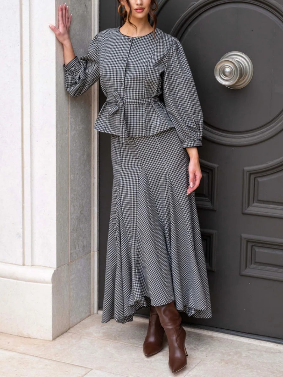 Black and Taupe Gingham Maxi Skirt Set