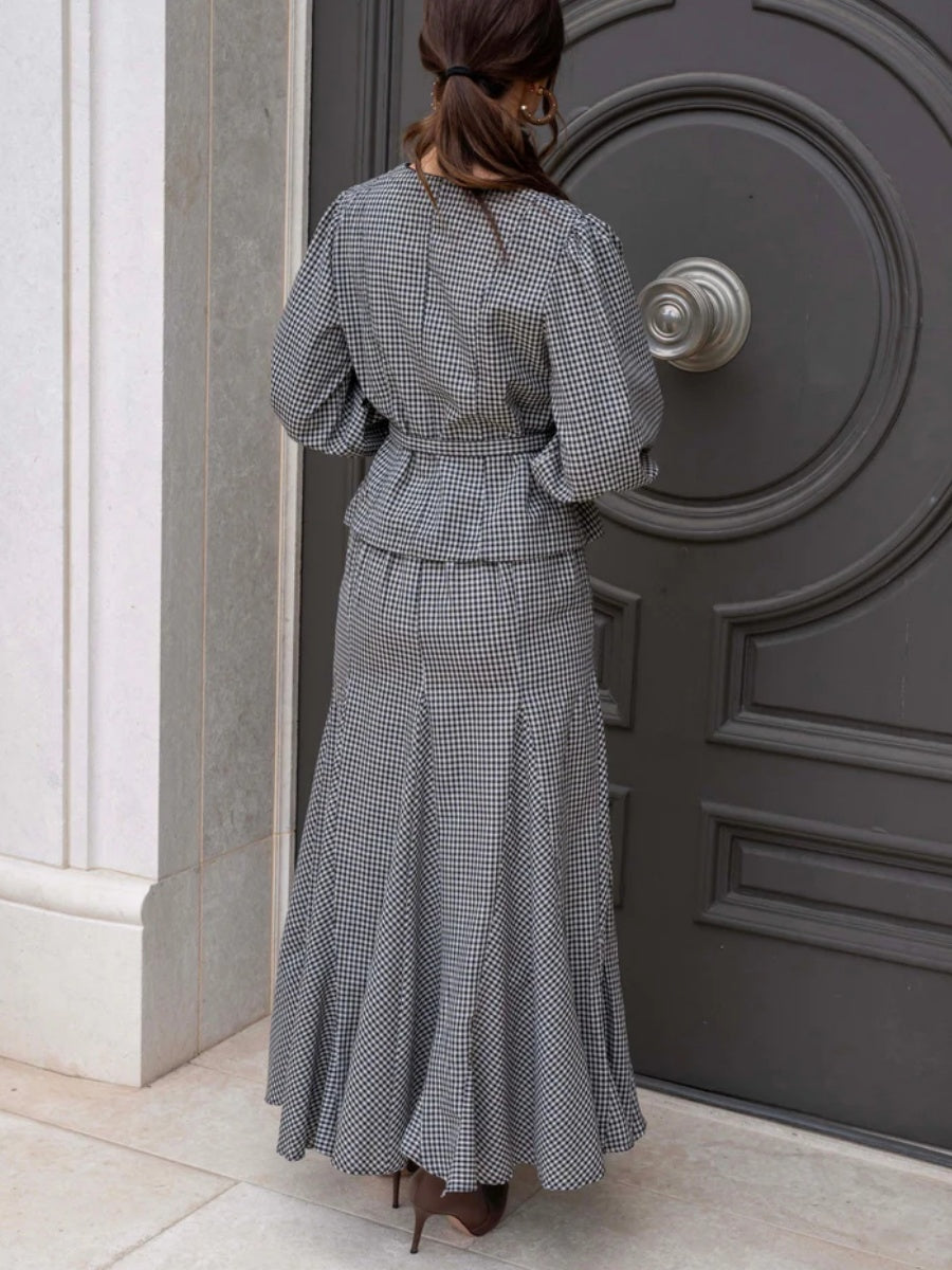 Black and Taupe Gingham Maxi Skirt Set