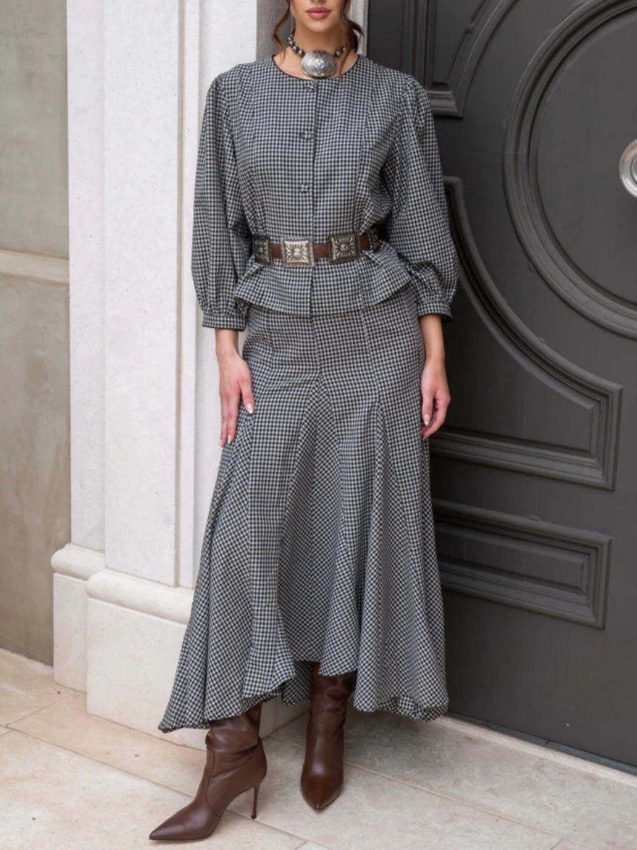Black and Taupe Gingham Maxi Skirt Set