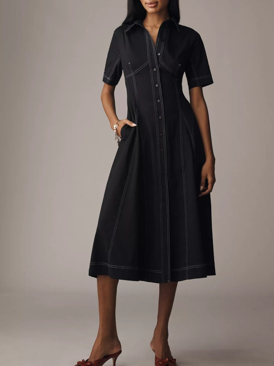 Short-Sleeve Seamed Pleated Midi Dress