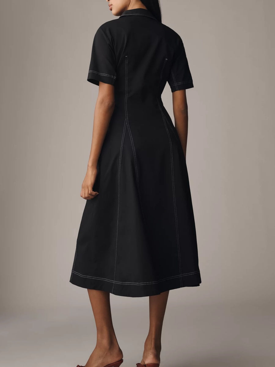 Short-Sleeve Seamed Pleated Midi Dress