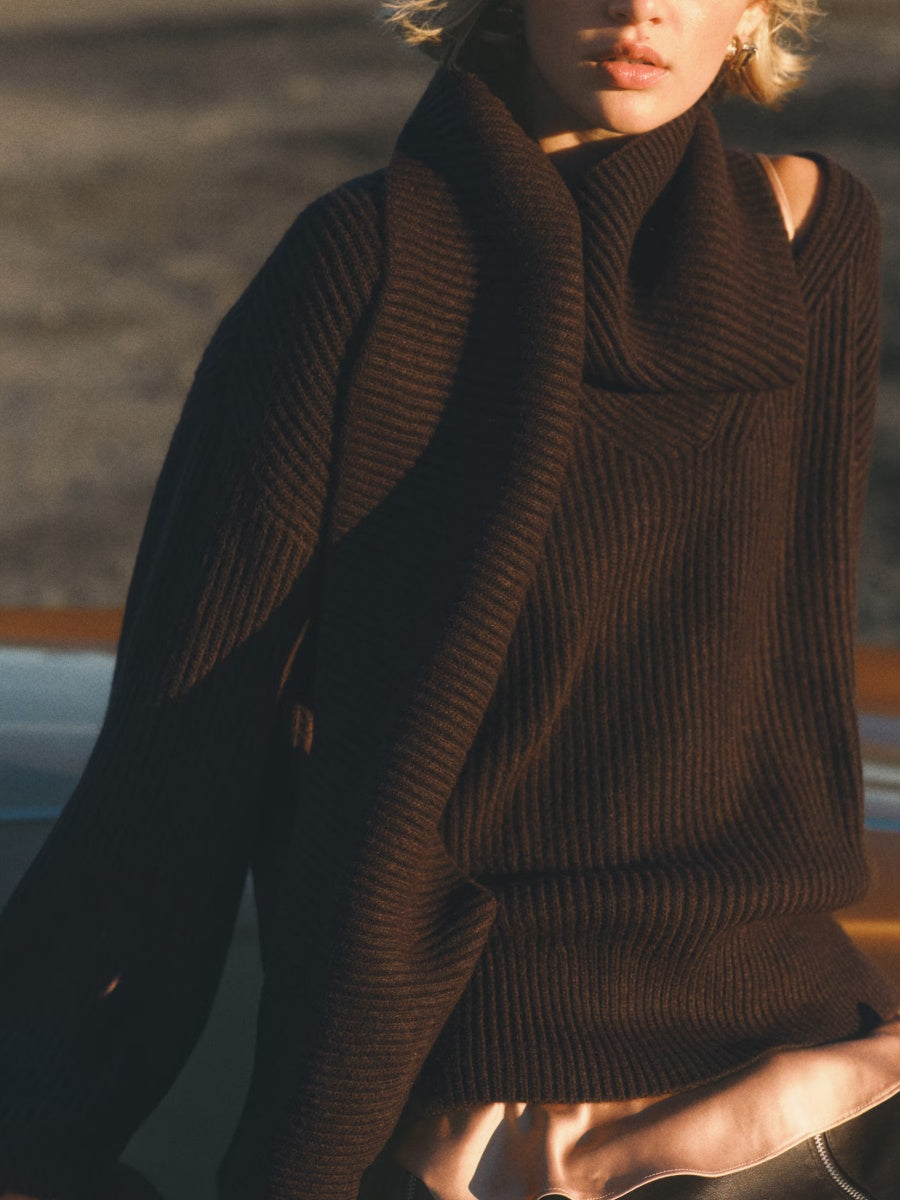 Rib-knit scarf-collar jumper