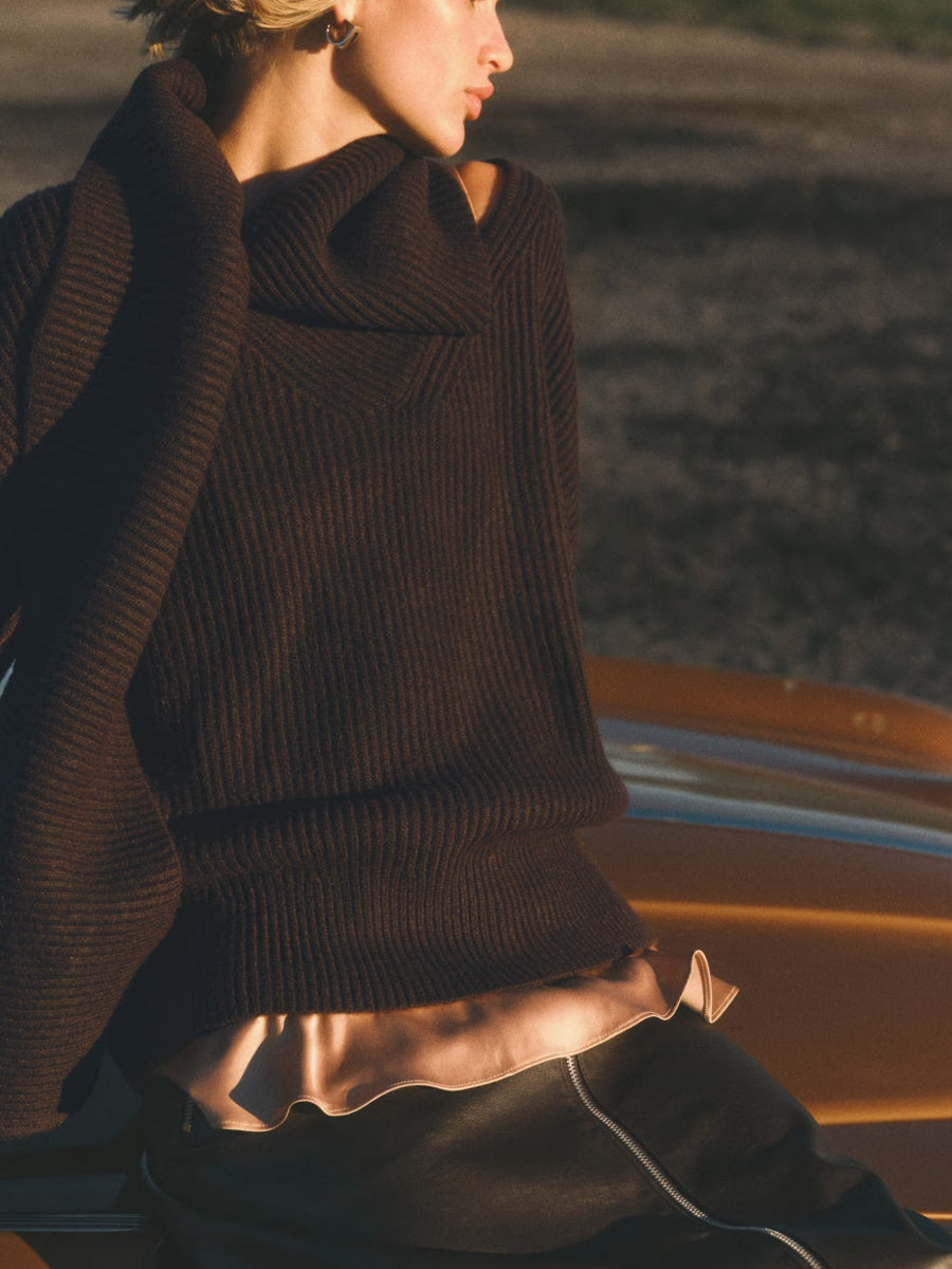 Rib-knit scarf-collar jumper